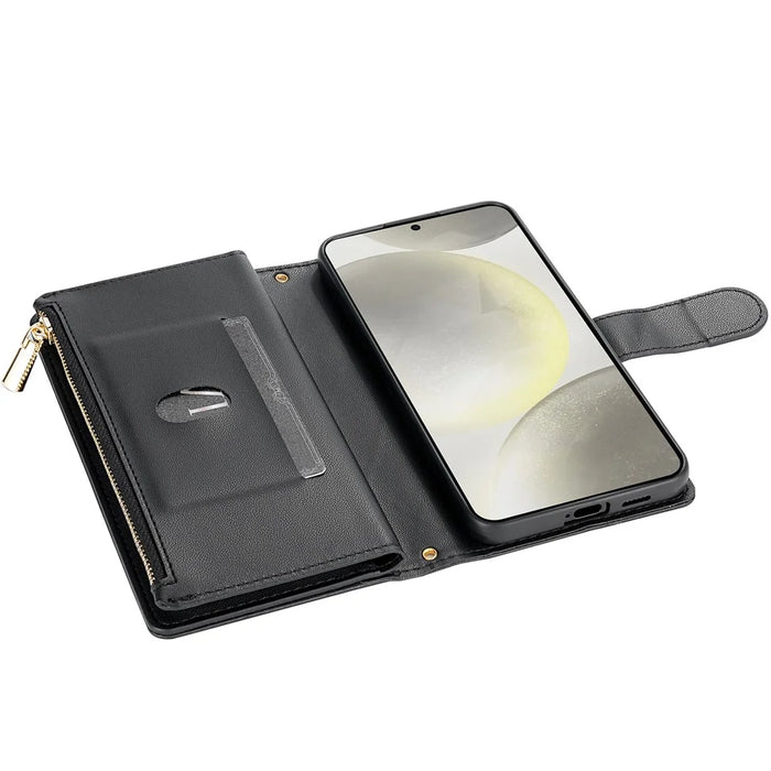 For Samsung Galaxy S26+ Case Rhombus Stitching Leather Wallet Phone Cover with Long   /   Short Strap - Black - 4