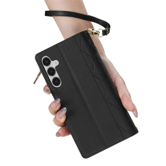For Samsung Galaxy S26+ Case Rhombus Stitching Leather Wallet Phone Cover with Long   /   Short Strap - Black - 5