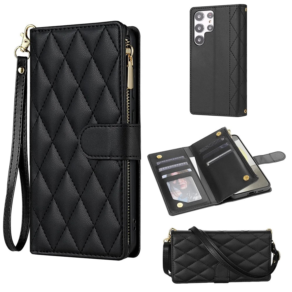 For Samsung Galaxy S26 Ultra Case Rhombus Stitching Leather Wallet Phone Cover with Long   /   Short Strap - Black - 1