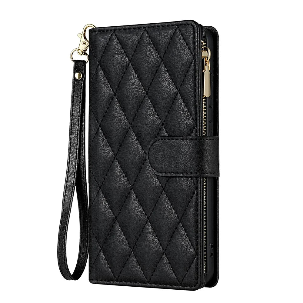 For Samsung Galaxy A57 5G Case Rhombus Stitching Leather Wallet Phone Cover with Long   /   Short Strap - Black - 7