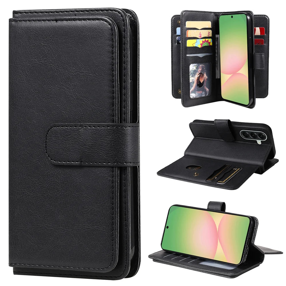 For Samsung Galaxy A57 5G Leather Case with 10 Card Holder Phone Cover Stand - Black - 1