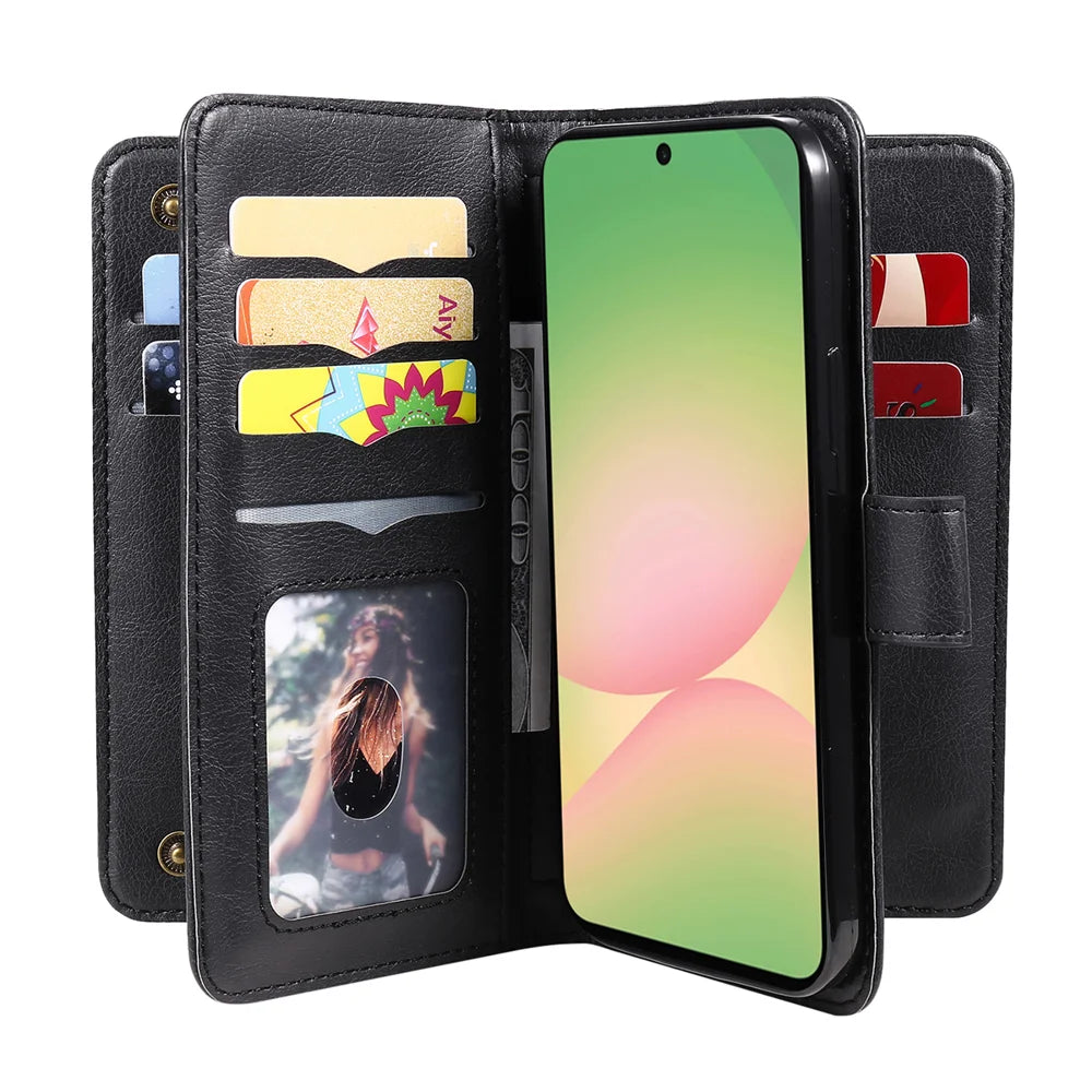 For Samsung Galaxy A57 5G Leather Case with 10 Card Holder Phone Cover Stand - Black - 3