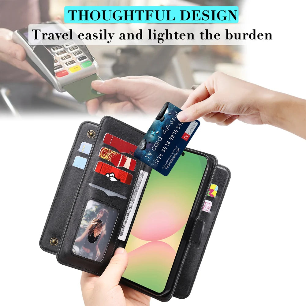 For Samsung Galaxy A57 5G Leather Case with 10 Card Holder Phone Cover Stand - Black - 6