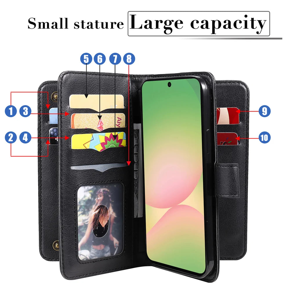 For Samsung Galaxy A57 5G Leather Case with 10 Card Holder Phone Cover Stand - Black - 7
