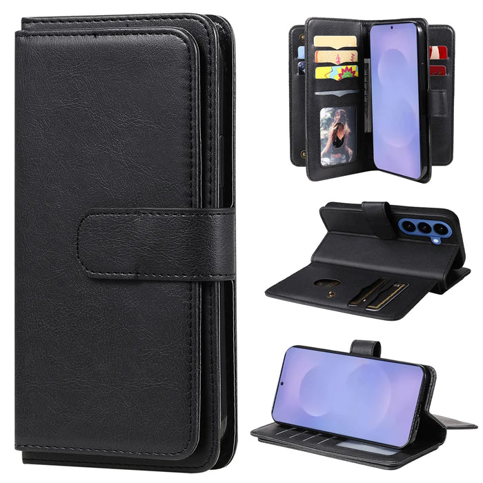For Samsung Galaxy S26+ Leather Case with 10 Card Holder Phone Cover Stand - Black - 1