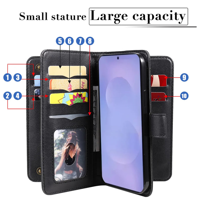 For Samsung Galaxy S26+ Leather Case with 10 Card Holder Phone Cover Stand - Black - 4