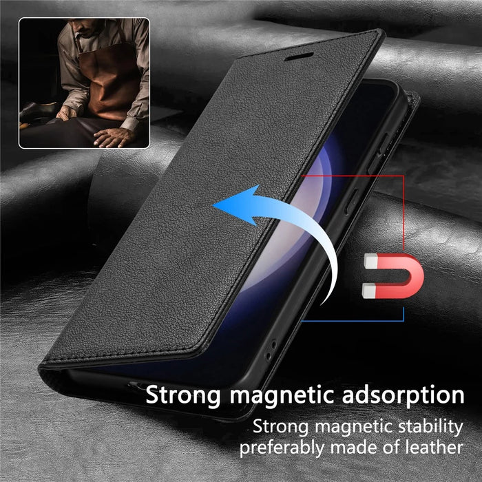 For Samsung Galaxy S25 FE Wallet Case Magnetic Closure PU Leather Phone Cover - Black - 6