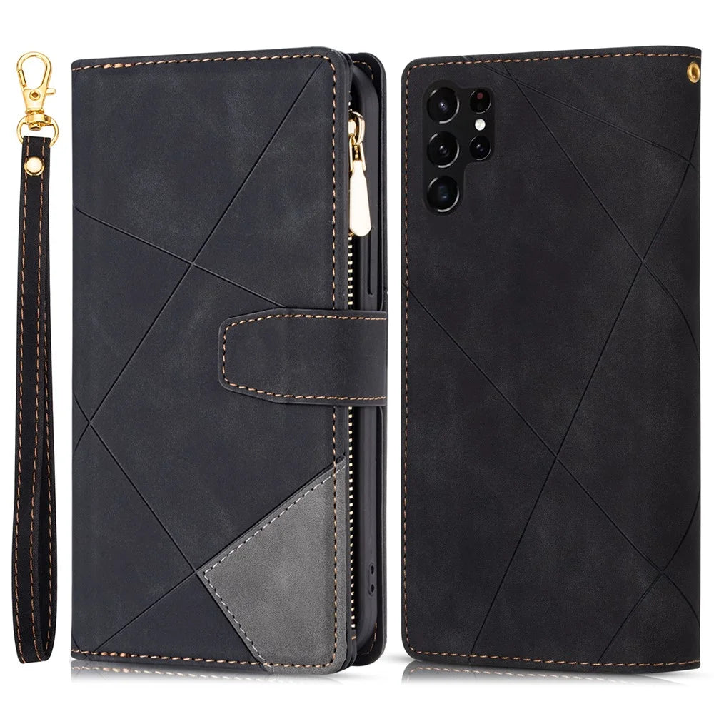 For Samsung Galaxy S26 Ultra Wallet Case Color Splicing Leather Phone Cover with Stand - Black - 1