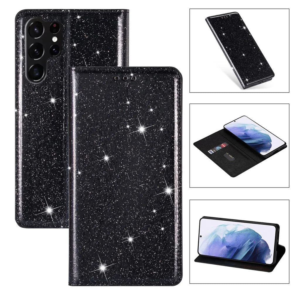For Samsung Galaxy S26 Ultra Case Glittery PU Leather + TPU Card Slot Phone Cover - Black - 1