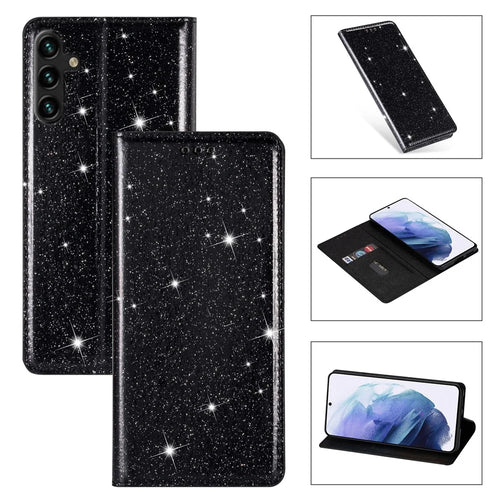 For Samsung Galaxy A37 5G Case Glittery PU Leather + TPU Card Slot Phone Cover - Black - 1