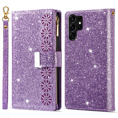 For Samsung Galaxy S26 Ultra Case Starry Sky Carving Leather Wallet Phone Cover with Wrist Strap - Purple - 1