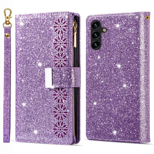 For Samsung Galaxy A37 5G Case Starry Sky Carving Leather Wallet Phone Cover with Wrist Strap - Purple - 1