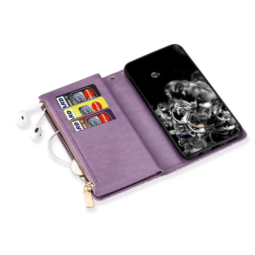 For Samsung Galaxy A57 5G Case Starry Sky Carving Leather Wallet Phone Cover with Wrist Strap - Purple - 5