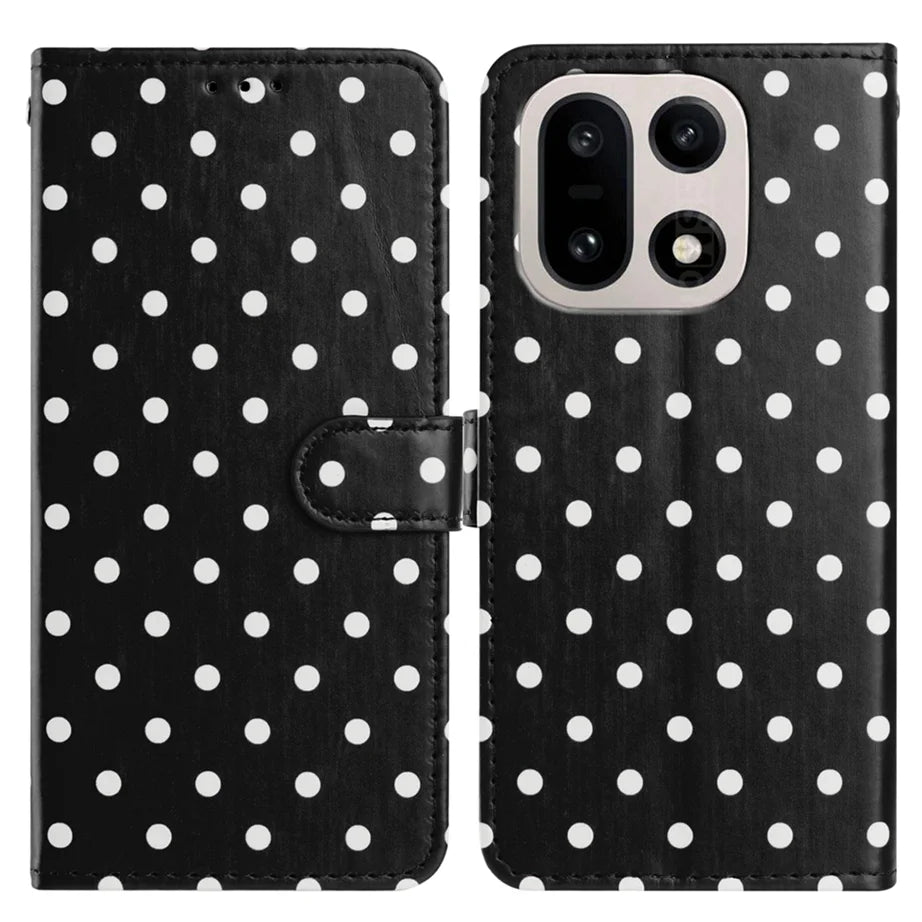 For OnePlus 15 5G Leather Case Polka Dot Pattern Wallet Stand Folio Phone Cover - Black - 1