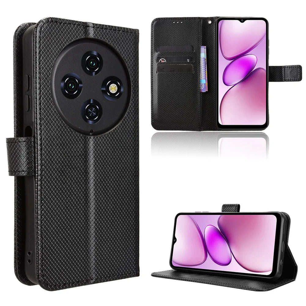 For Oukitel C5 Leather Wallet Case with Strap Diamond Texture Phone Cover - Black - 1