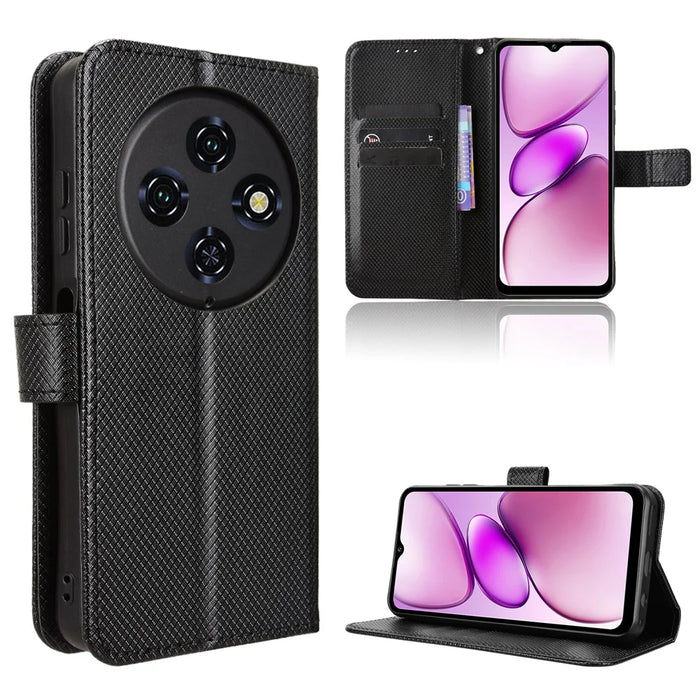 For Oukitel C5 Leather Wallet Case with Strap Diamond Texture Phone Cover - Black - 1