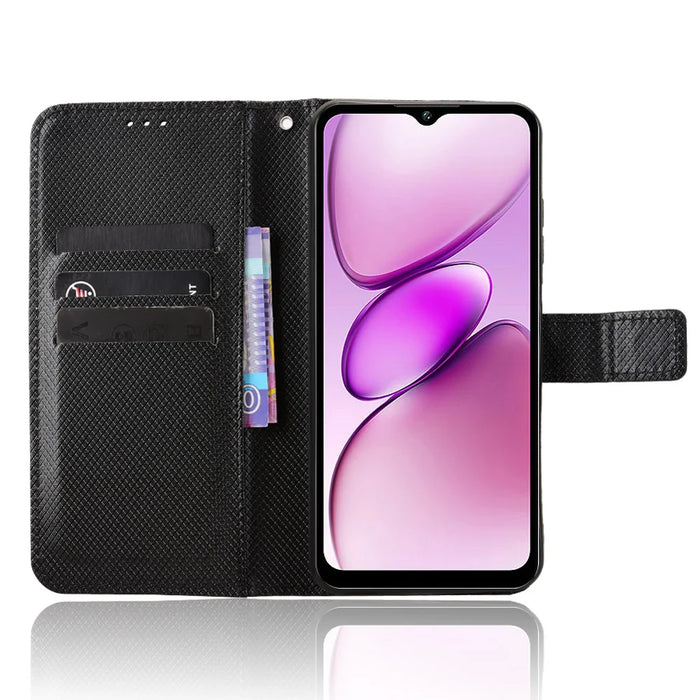 For Oukitel C5 Leather Wallet Case with Strap Diamond Texture Phone Cover - Black - 6