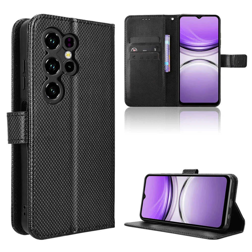 For Oukitel C2 Leather Wallet Case with Strap Diamond Texture Phone Cover - Black - 1
