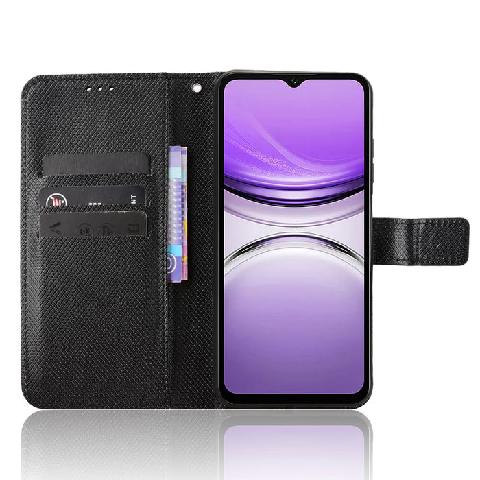 For Oukitel C2 Leather Wallet Case with Strap Diamond Texture Phone Cover - Black - 6