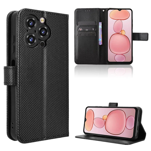 For Oukitel C3 Leather Wallet Case with Strap Diamond Texture Phone Cover - Black - 1