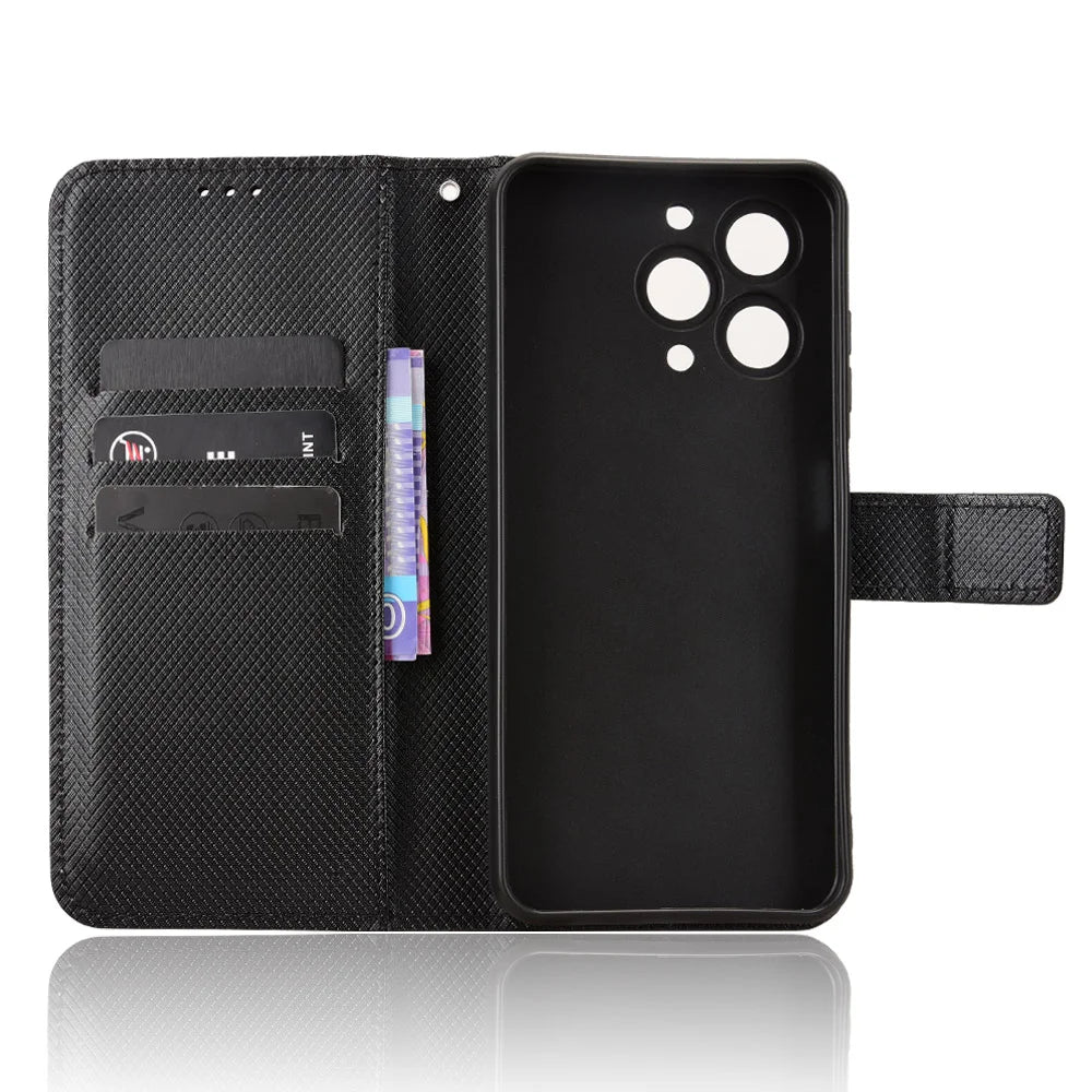 For Oukitel C3 Leather Wallet Case with Strap Diamond Texture Phone Cover - Black - 5