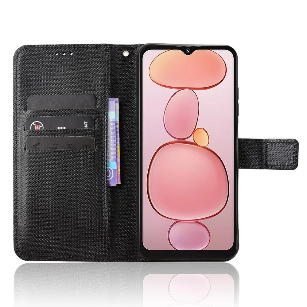 For Oukitel C3 Leather Wallet Case with Strap Diamond Texture Phone Cover - Black - 6