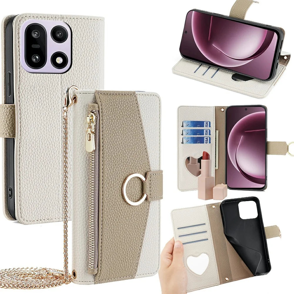 For OnePlus 15 5G Case Mirror Wallet Leather Phone Cover with Chain Shoulder Strap - White - 1