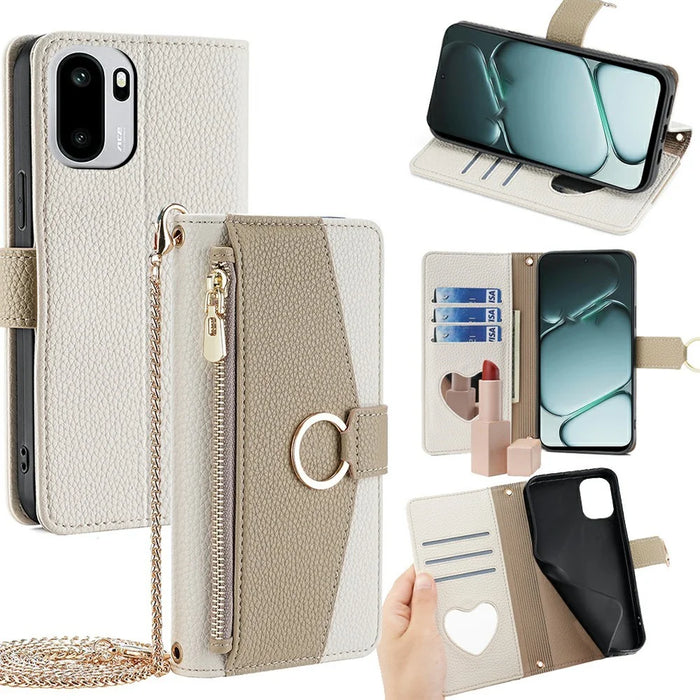 For OnePlus Ace 6T 5G / Ace 6 5G Case Mirror Wallet Leather Phone Cover with Chain Shoulder Strap - White - 1