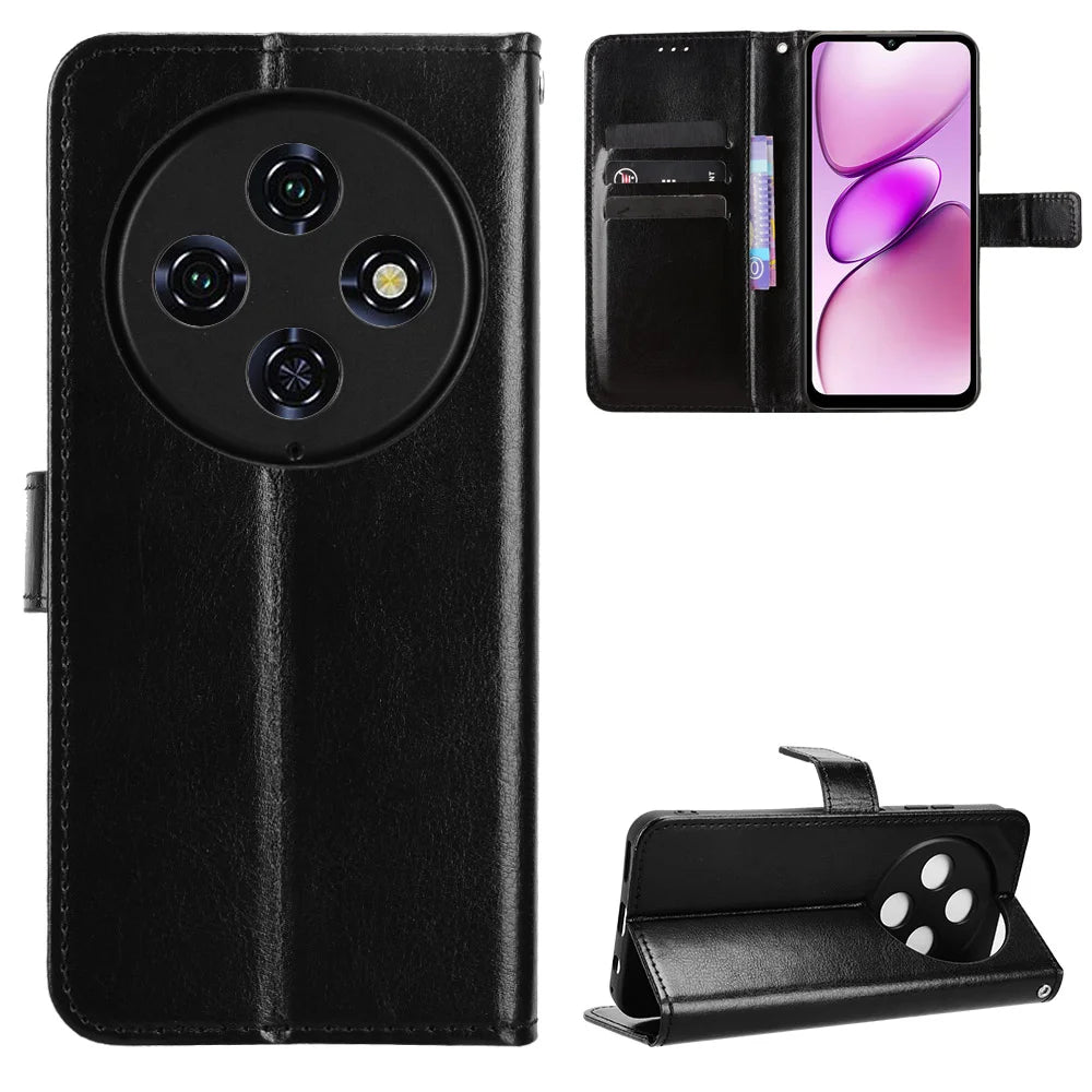 For Oukitel C5 PU Leather Case with Strap Crazy Horse Texture Phone Wallet Cover - Black - 1