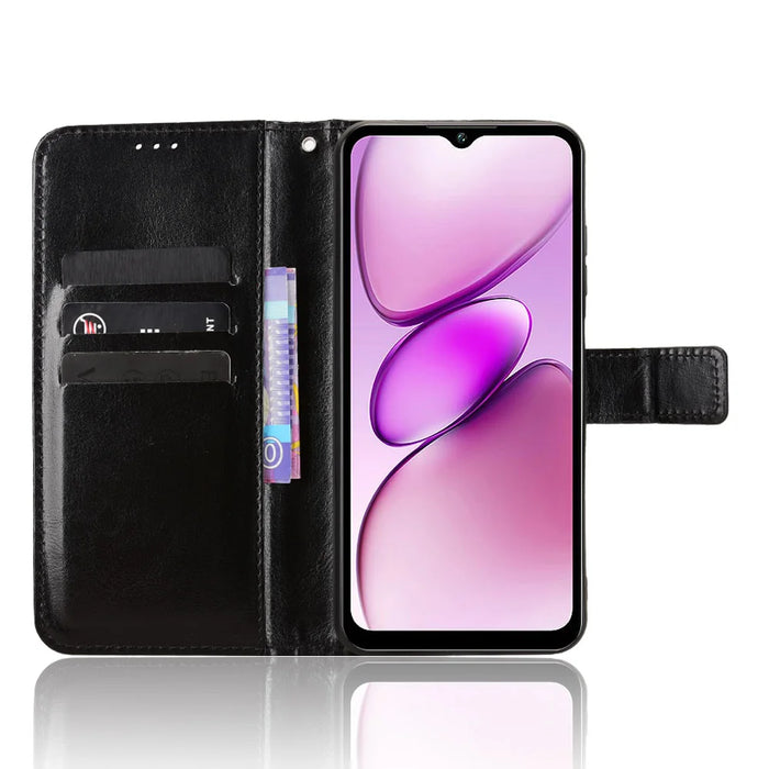 For Oukitel C5 PU Leather Case with Strap Crazy Horse Texture Phone Wallet Cover - Black - 5