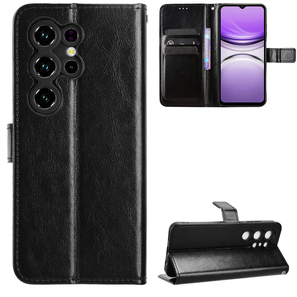 For Oukitel C2 PU Leather Case with Strap Crazy Horse Texture Phone Wallet Cover - Black - 1