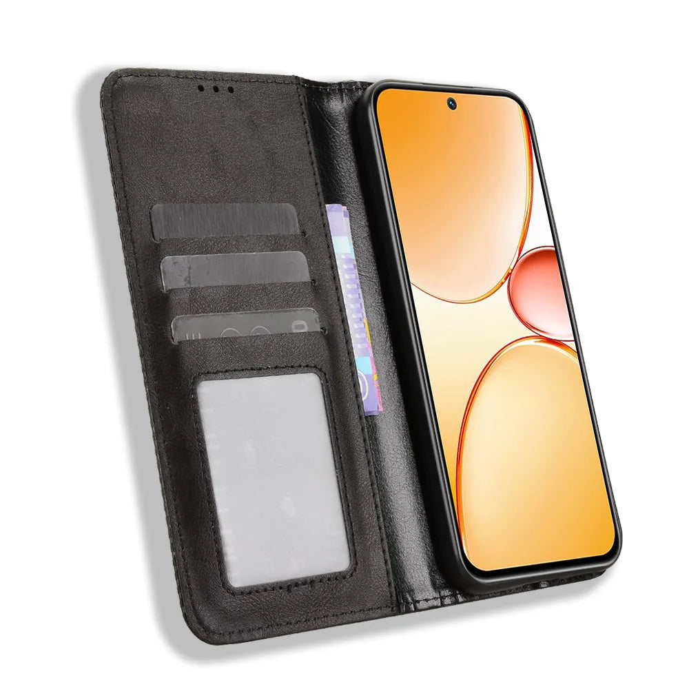 For Realme C85 Pro 4G Leather Case Wallet Stand Retro Texture Phone Cover - Black - 6