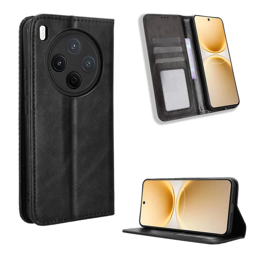 For vivo Y500 Pro 5G Leather Case Wallet Stand Retro Texture Phone Cover - Black - 1