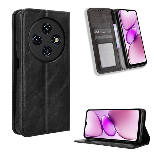 For Oukitel C5 Leather Case Wallet Stand Retro Texture Phone Cover - Black - 1