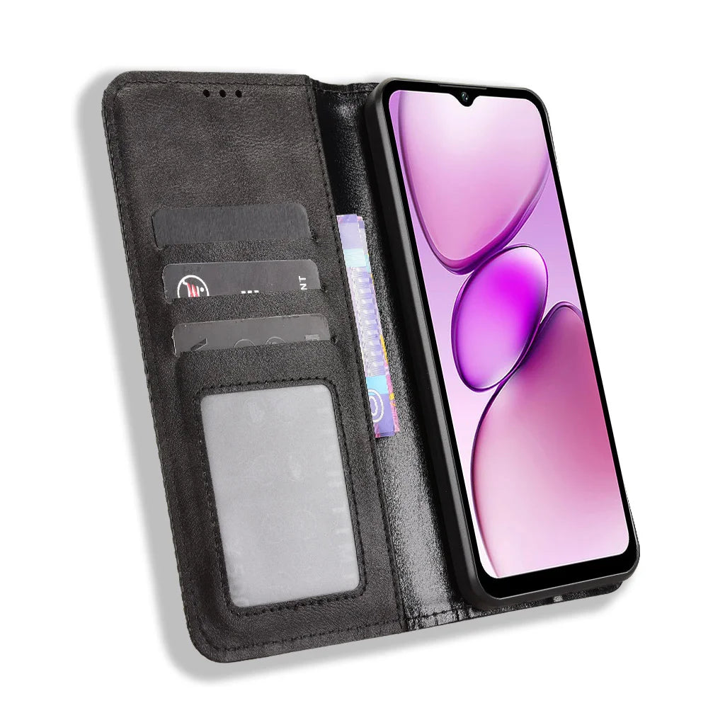 For Oukitel C5 Leather Case Wallet Stand Retro Texture Phone Cover - Black - 6