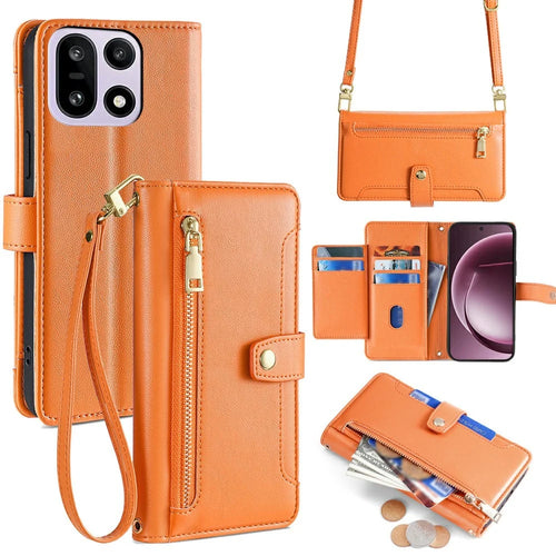 For OnePlus 15 5G Leather Case Zipper Pocket Wallet Phone Cover with 2 Straps - Orange - 1