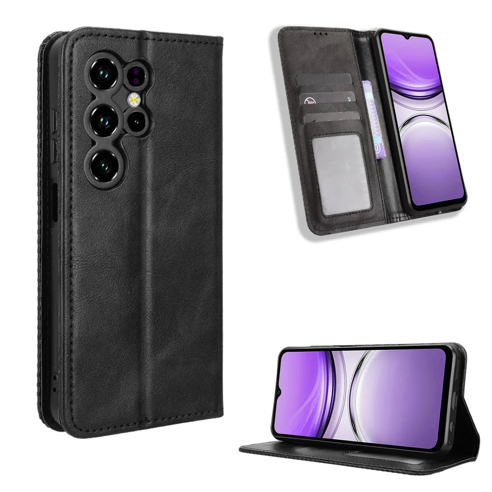 For Oukitel C2 Leather Case Wallet Stand Retro Texture Phone Cover - Black - 1
