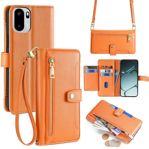 For OnePlus Ace 6T 5G / Ace 6 5G Leather Case Zipper Pocket Wallet Phone Cover with 2 Straps - Orange - 1