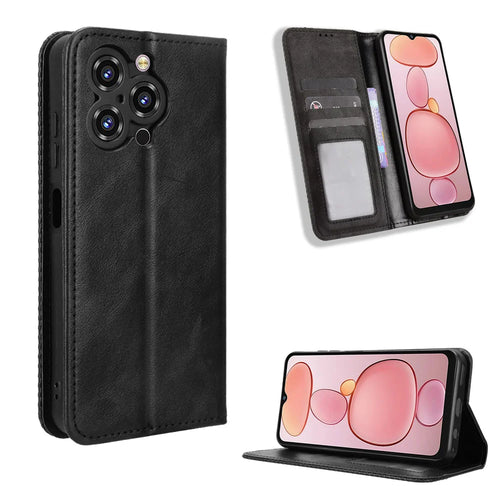 For Oukitel C3 Leather Case Wallet Stand Retro Texture Phone Cover - Black - 1