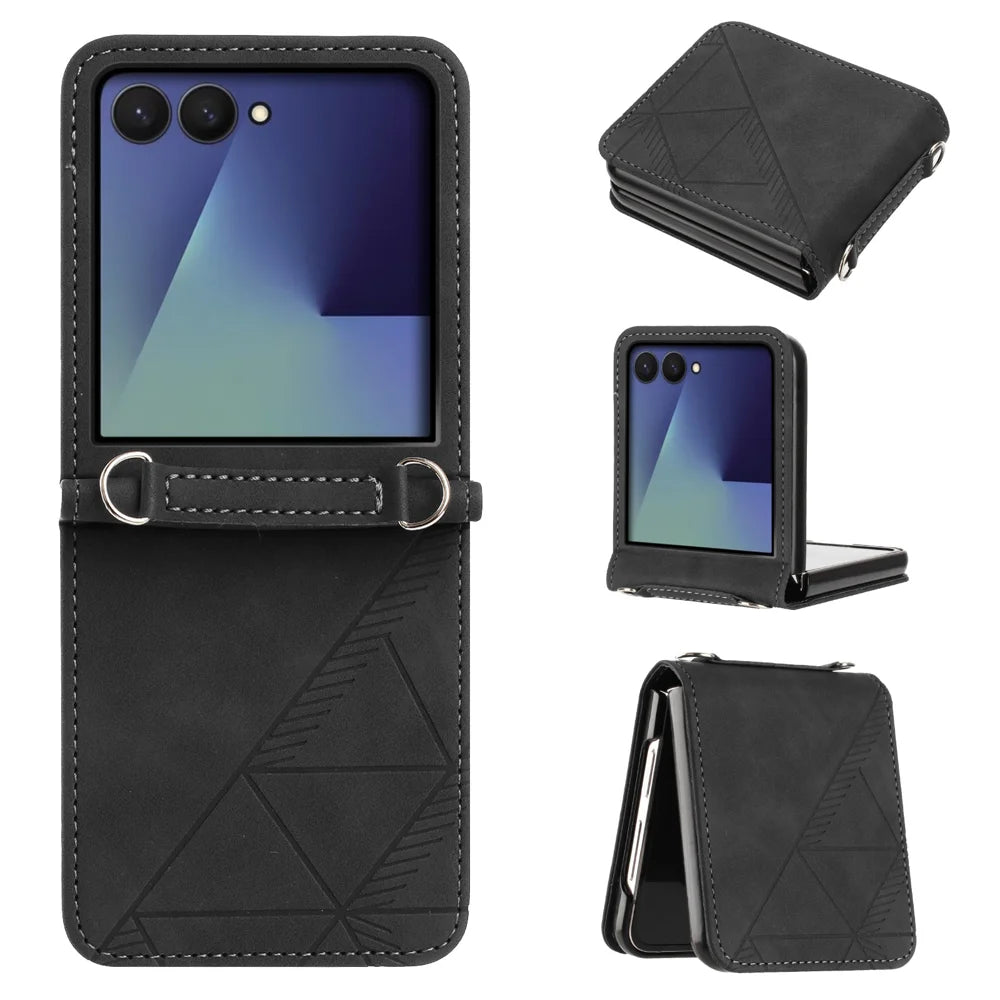 For Samsung Galaxy Z Flip7 5G Case Imprinted Design PU Leather + PC Folding Phone Cover - Black - 1