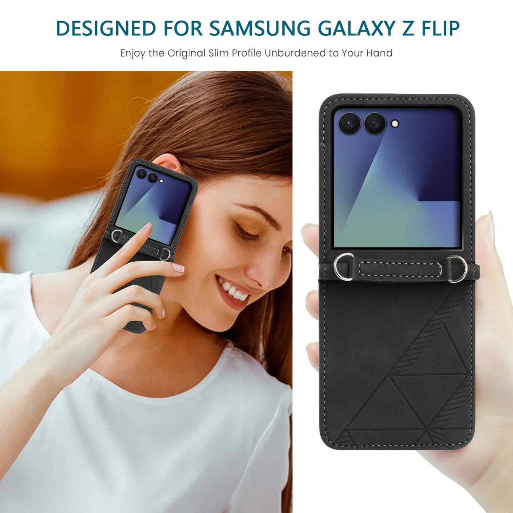 For Samsung Galaxy Z Flip7 5G Case Imprinted Design PU Leather + PC Folding Phone Cover - Black - 6