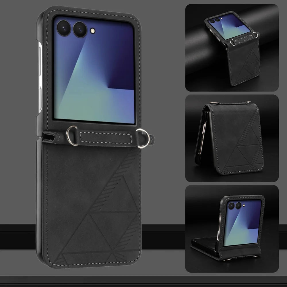 For Samsung Galaxy Z Flip7 5G Case Imprinted Design PU Leather + PC Folding Phone Cover - Black - 7