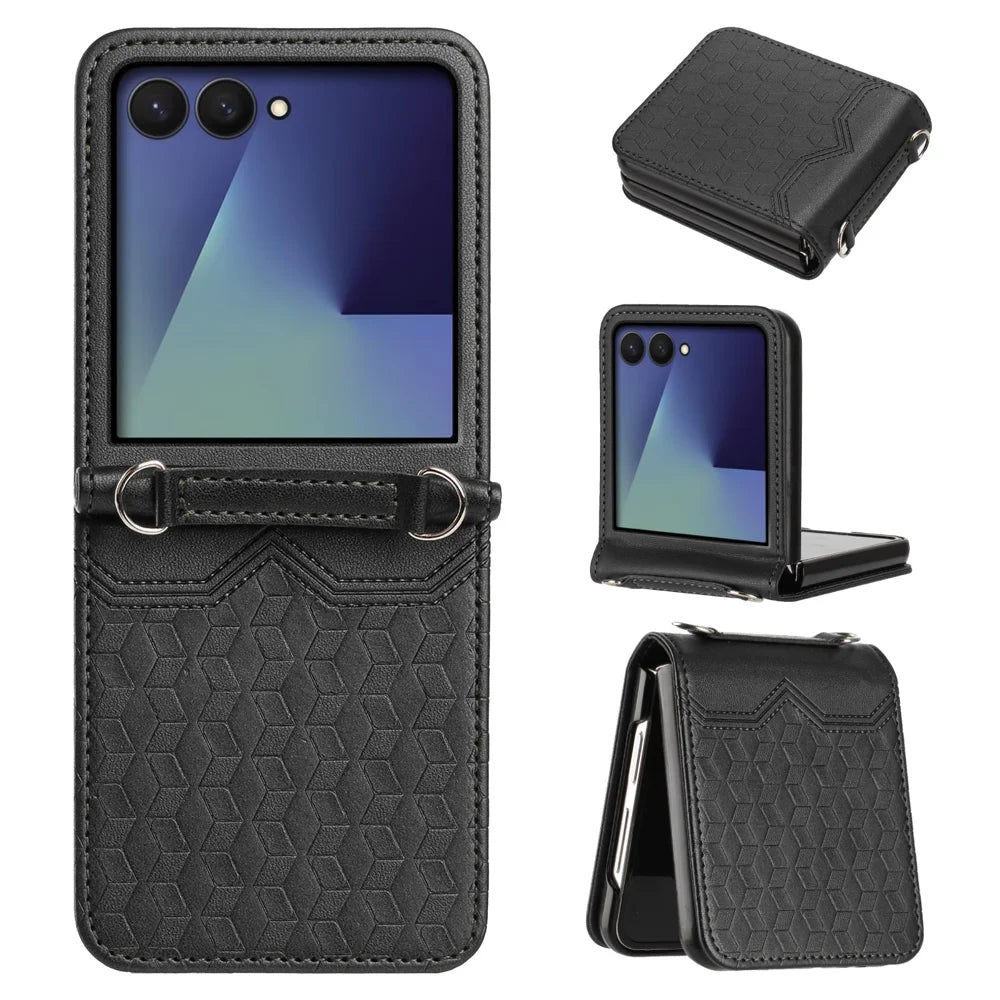 For Samsung Galaxy Z Flip7 5G Case Imprinted Honeycomb Leather Folding Phone Cover - Black - 1