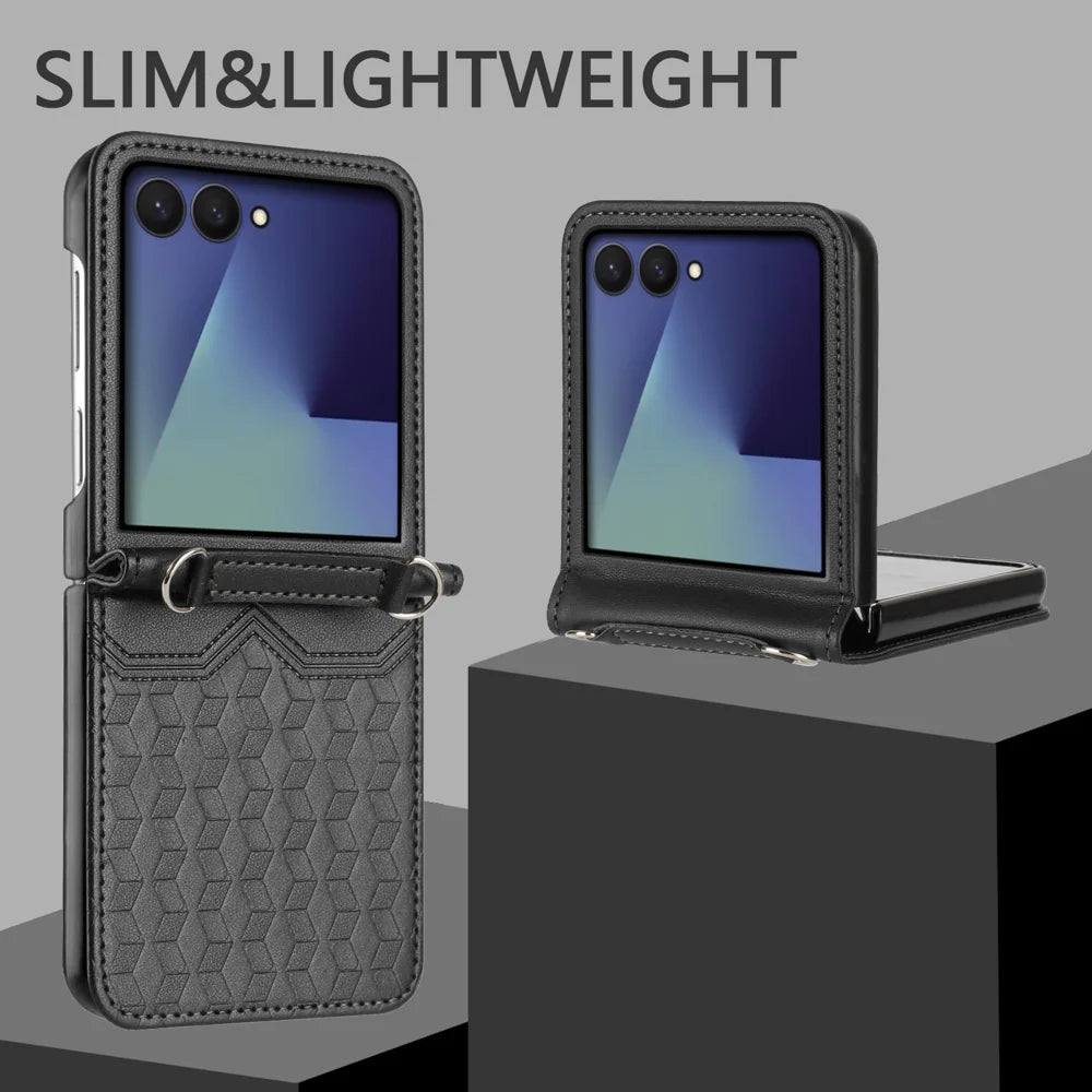 For Samsung Galaxy Z Flip7 5G Case Imprinted Honeycomb Leather Folding Phone Cover - Black - 3