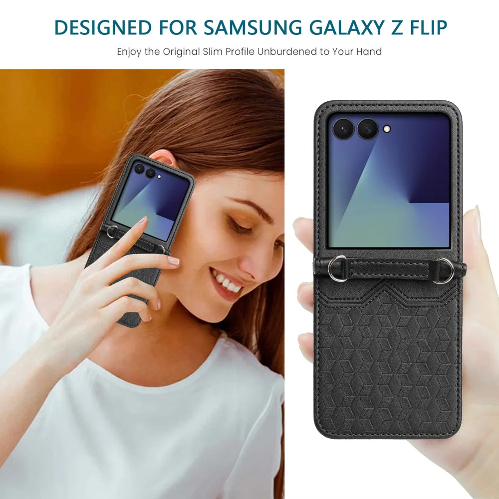 For Samsung Galaxy Z Flip7 5G Case Imprinted Honeycomb Leather Folding Phone Cover - Black - 5