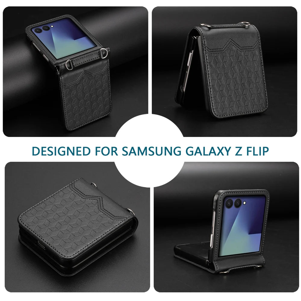 For Samsung Galaxy Z Flip7 5G Case Imprinted Honeycomb Leather Folding Phone Cover - Black - 6