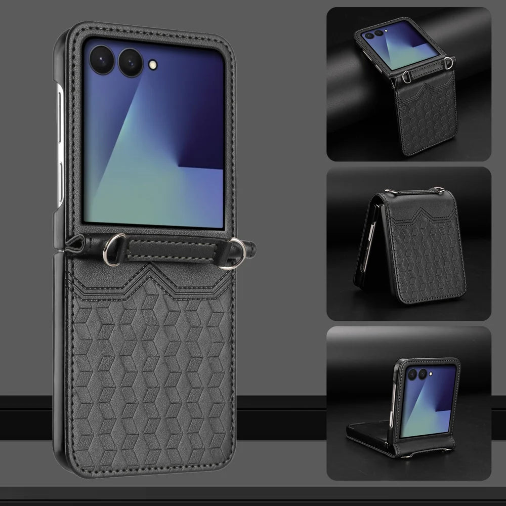 For Samsung Galaxy Z Flip7 5G Case Imprinted Honeycomb Leather Folding Phone Cover - Black - 7