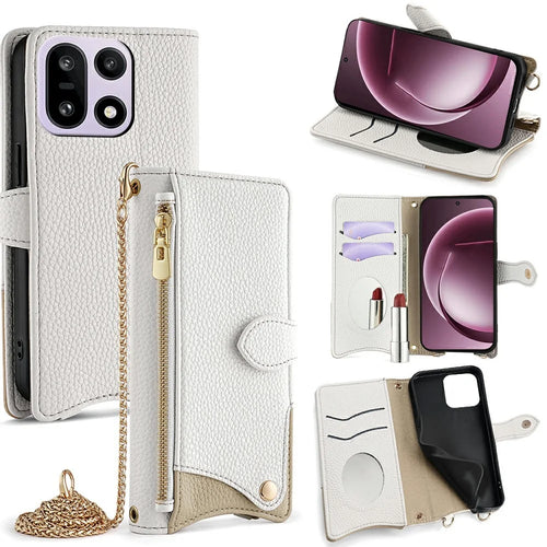 For OnePlus 15 5G Leather Case Wallet Stand Cover Irregular Tail Style with Chain Strap - White - 1