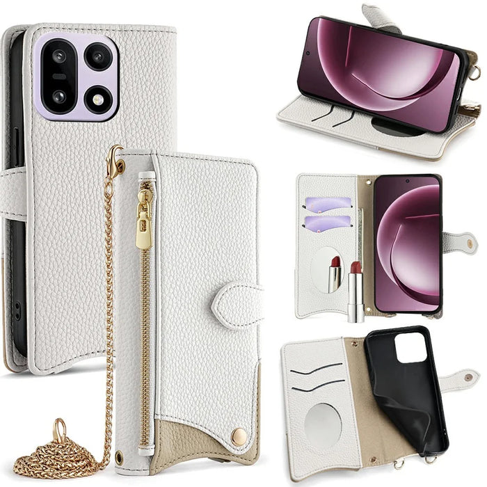 For OnePlus 15 5G Leather Case Wallet Stand Cover Irregular Tail Style with Chain Strap - White - 1