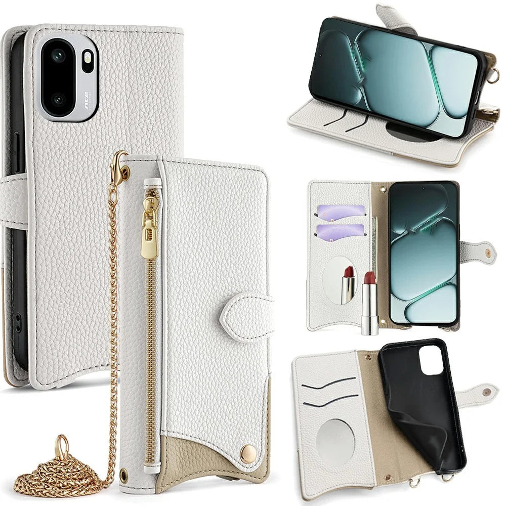 For OnePlus Ace 6T 5G / Ace 6 5G Leather Case Wallet Stand Cover Irregular Tail Style with Chain Strap - White - 1